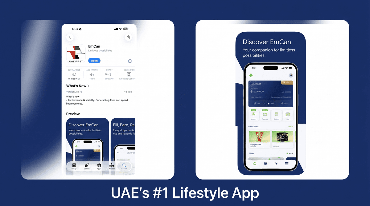 Marketing composite for EmCan: the App Store listing showing the app at No. 1 in the Lifestyle chart and rated 4.1 from 329 ratings, beside a Discover EmCan panel showing the loyalty card with its points balance and Gold tier, under the line UAE's #1 Lifestyle App.